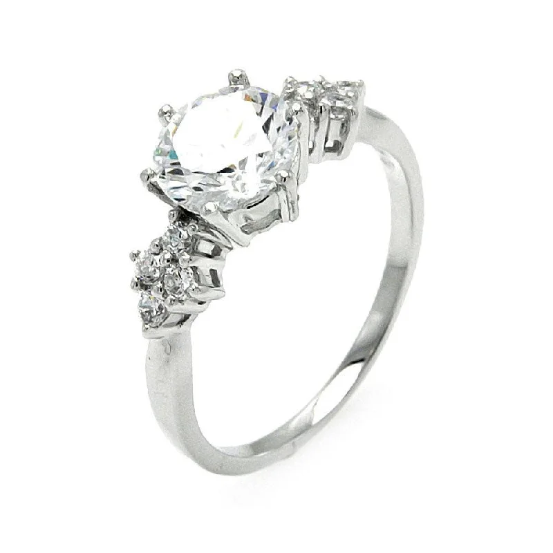 Ladies rings investment value-Silver 925 Rhodium Plated Round Center Diamond Shaped Sides CZ Bridal Ring - BGR00571