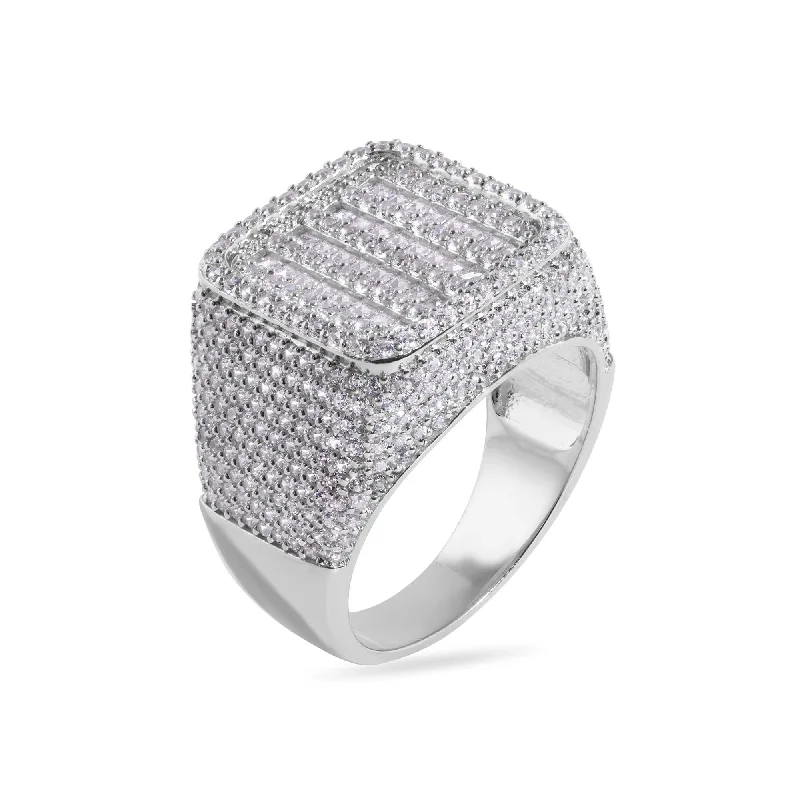 Ladies rings silver tones-Rhodium Plated 925 Sterling Silver Statement Baguette Clear CZ Studded Square Top 17.5mm Ring - GMR00385