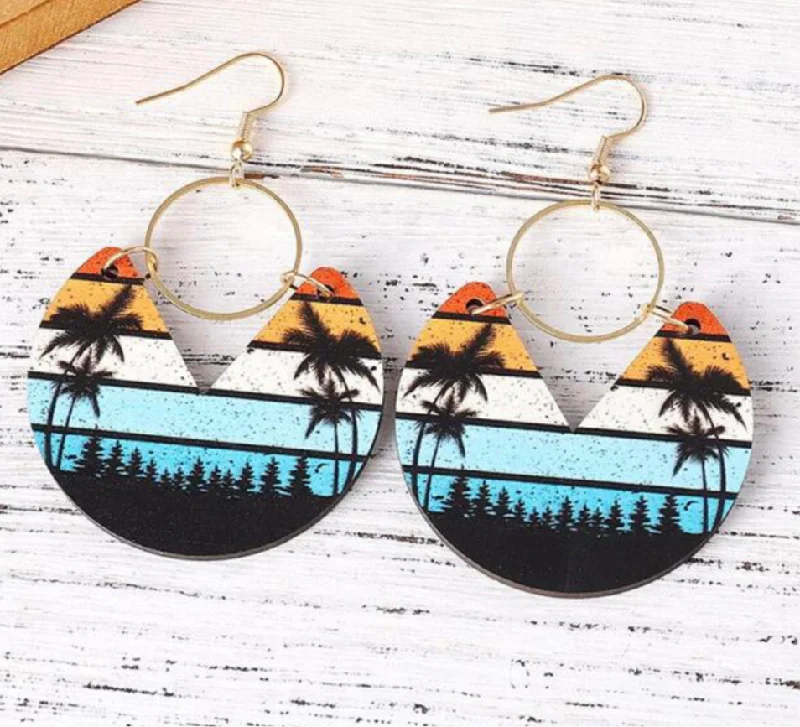 Ladies rings custom options-Boho Tree Print Wooden Earrings