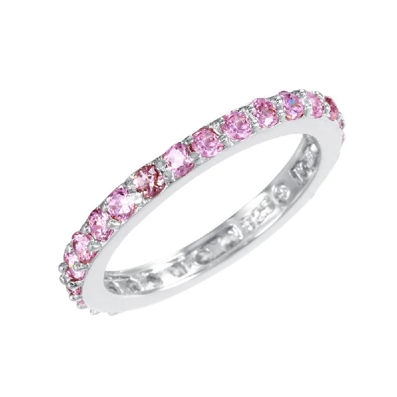 Ladies rings gold styles-Silver 925 Rhodium Plated Pink CZ Stackable Eternity Ring - STR00119PNK