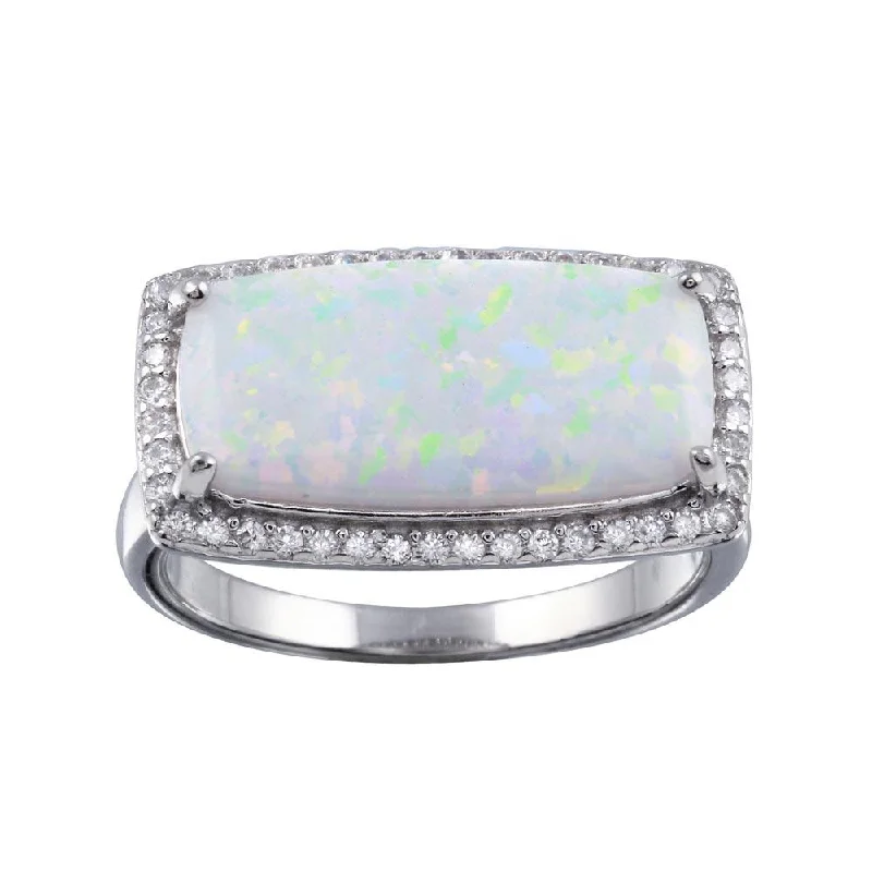 Ladies rings customer reviews-Rhodium Plated 925 Sterling Silver Rectangular Opal Stone Ring with CZ - BGR01286