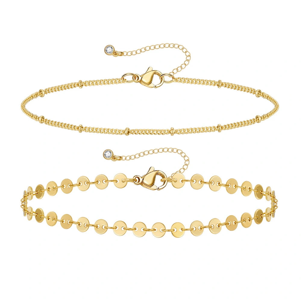 Ladies bracelets Valentine’s Day-Dainty 14k Gold Plated Layering Anklets Bracelets Set-Sequin & Satellite