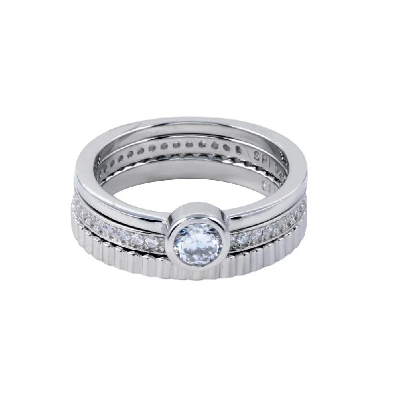 Ladies rings geometric shapes-Rhodium Plated 925 Sterling Silver Channel Center CZ Stackable Ring Set - STR01125