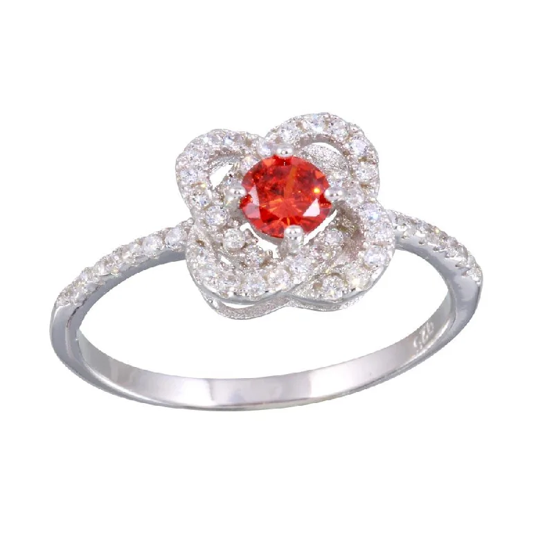 Ladies rings minimalist charm-Rhodium Plated 925 Sterling Silver CZ Knot Red Center Stone Ring - BGR01141RED