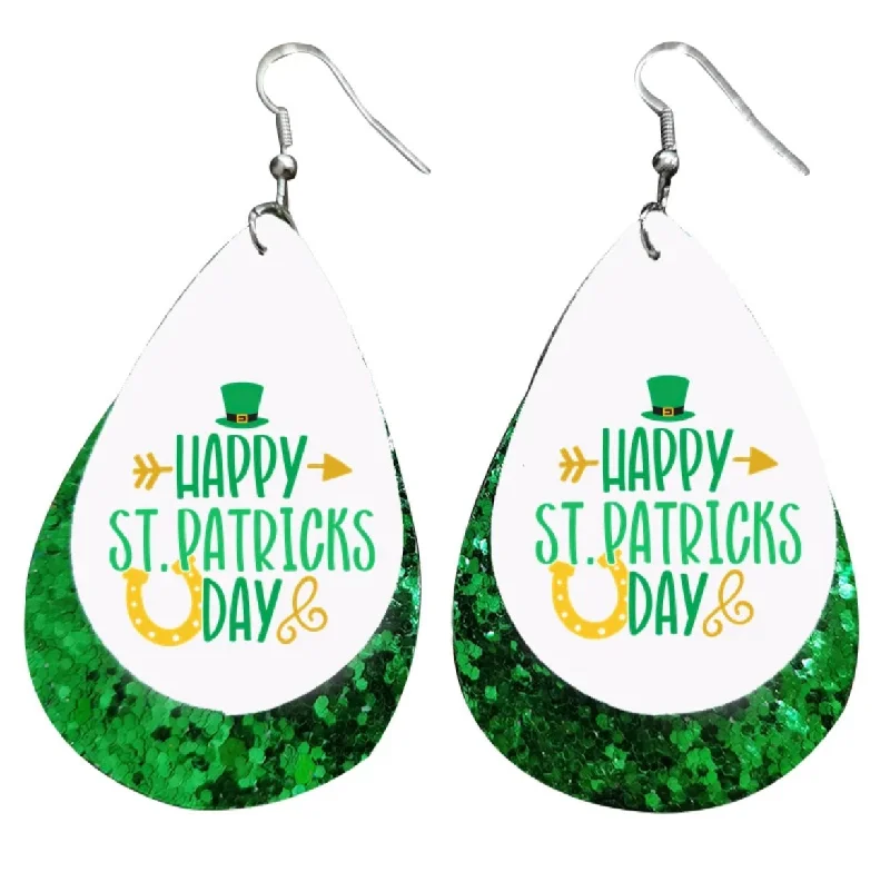 Ladies rings sale offers-Happy St. Patrick's Day Leather Drop Earrings