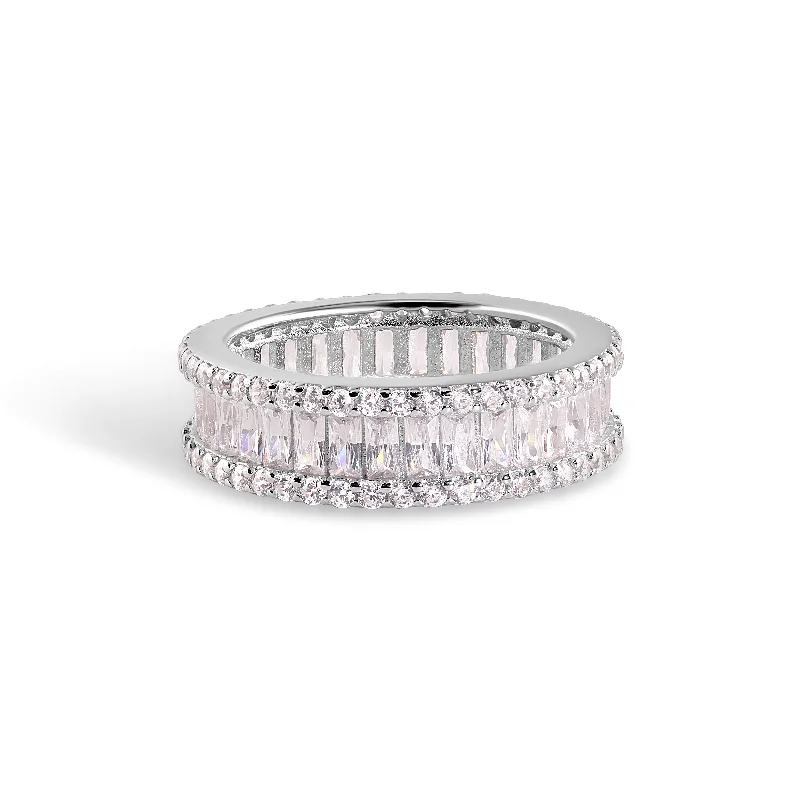 Ladies rings index finger-925 Sterling Silver Nickel Free Rhodium Plated Eternity Baguette and Round Clear CZ Ring - STR01138