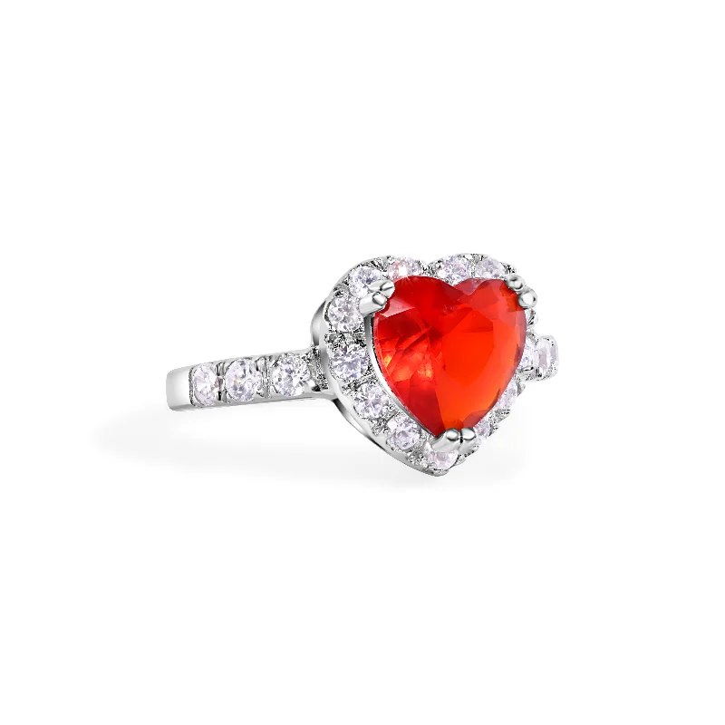 Ladies rings age suitability-Silver 925 Rhodium Plated Red Cluster CZ Heart Bridal Ring - STR00698RED