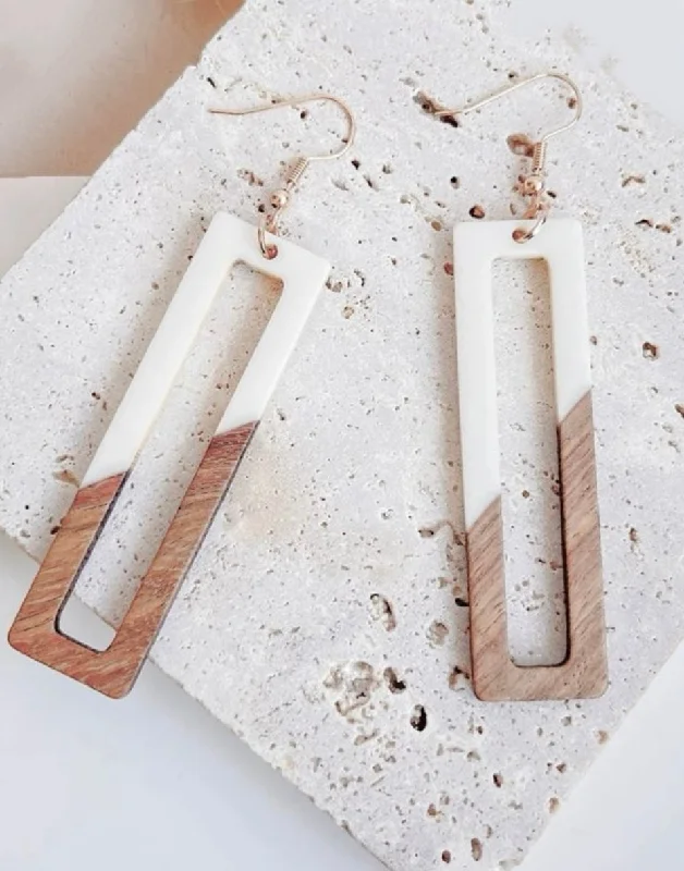 Ladies rings stacking trends-Beautiful White and Wood Rectangular Drop Earrings