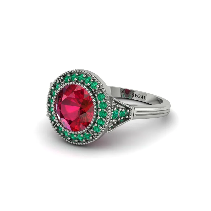 Ladies engagement rings fashion picks-Round Cut Ruby Milgrain Halo Engagement Ring - Maggie No. 27