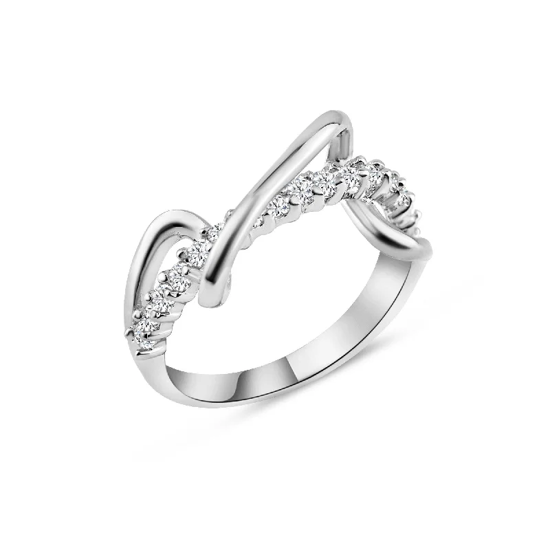 Ladies rings viral picks-Silver 925 Rhodium Plated CZ Winding Zigzag Ring - BGR00114