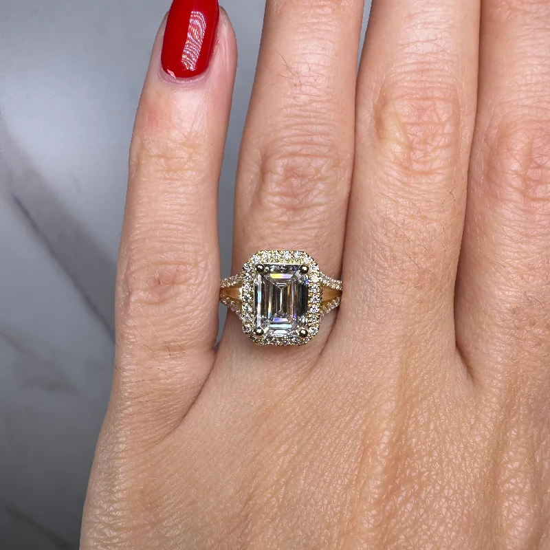 Ladies engagement rings dainty styles-"Hazelena" Emerald Cut with Halo and Diamond Shoulder Engagement Ring