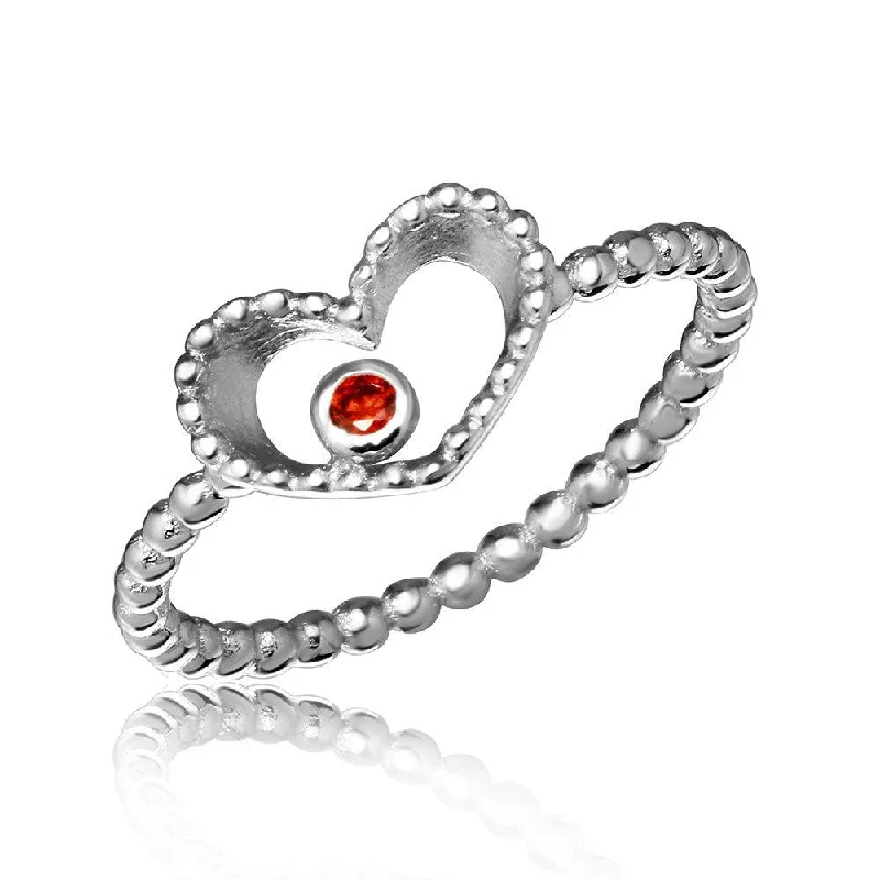 Ladies rings diamond details-Silver 925 Rhodium Plated Open Heart Ring with Red CZ - STR01055