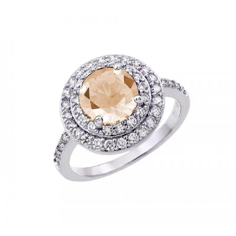 Ladies rings classic looks-Silver 925 Rhodium Plated Champagne Center and Clear Cluster CZ Ring - BGR00886CHP