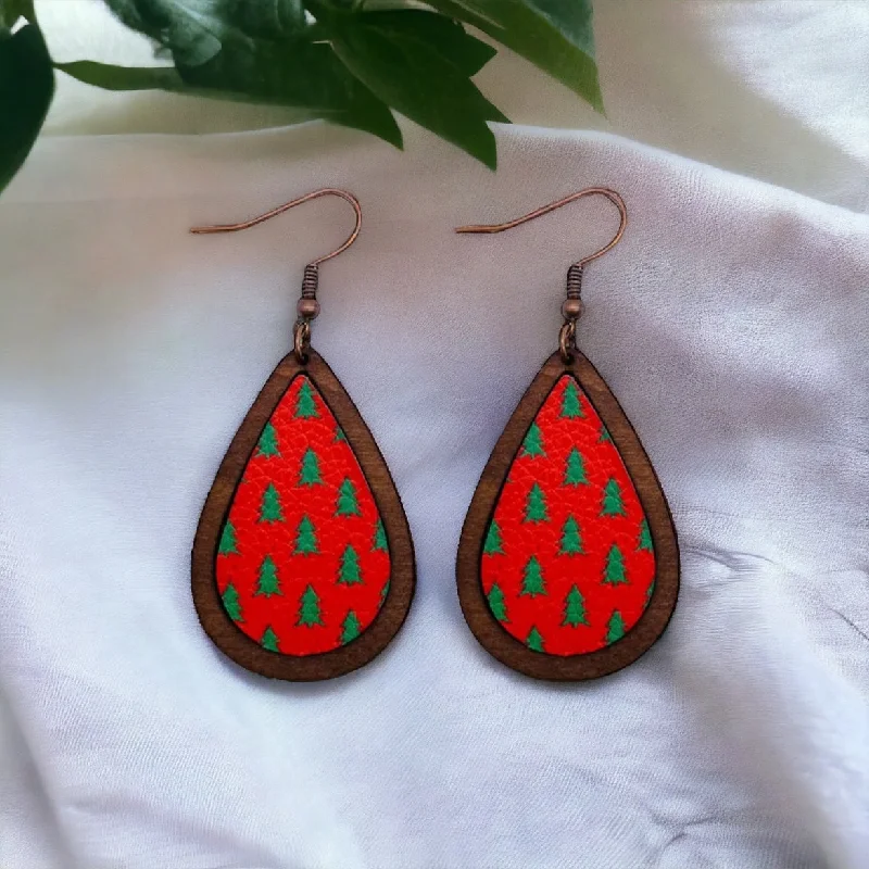 Ladies rings size guide-Wood and Leather Christmas Tree Drop Earrings