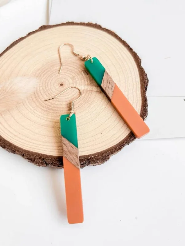 Ladies rings engraved names-Beautiful Green and Orange Resin and Wood Earrings