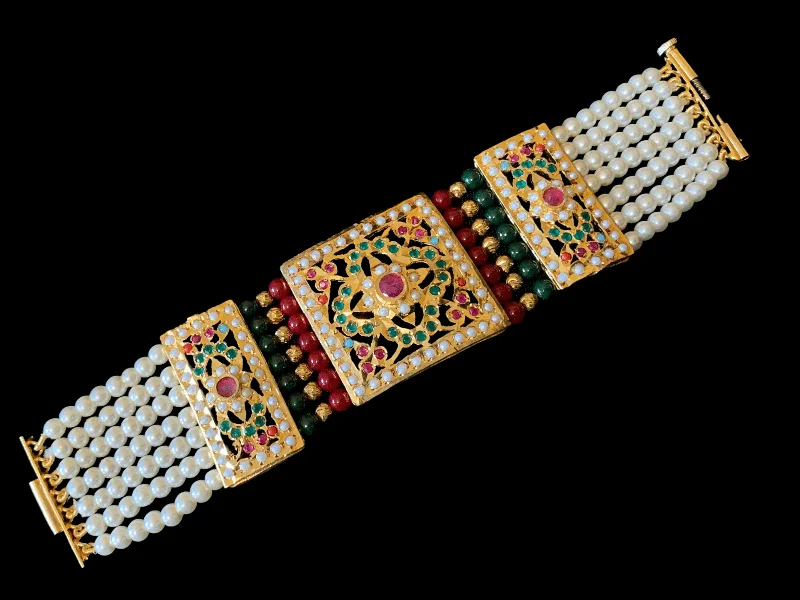 Ladies bracelets boho vibes-B67 Saira jadau bracelet in navratan with ruby green beads     ( READY TO SHIP )