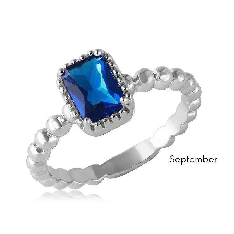 Ladies rings heart motifs-September Sterling 925 Silver Rhodium Plated Beaded Shank Square Center Birthstone Ring - BGR01081SEP