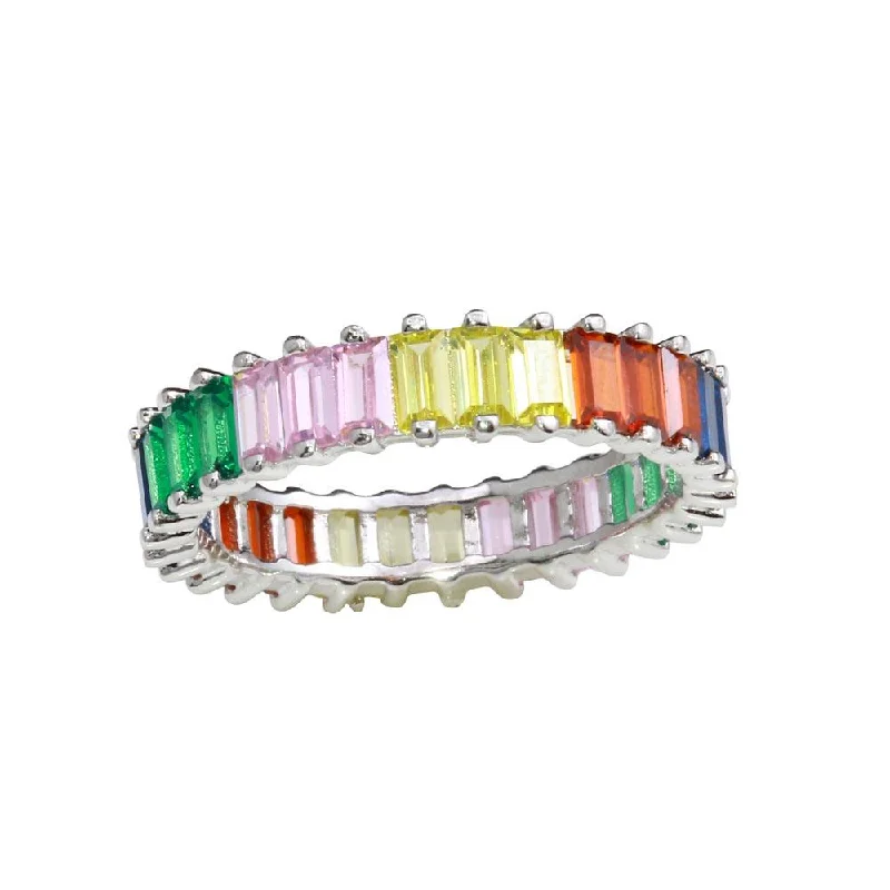 Ladies rings Mother’s Day-Rhodium Plated 925 Sterling Silver Multi-Colored Rectangular CZ Stone Ring - GMR00208RBC