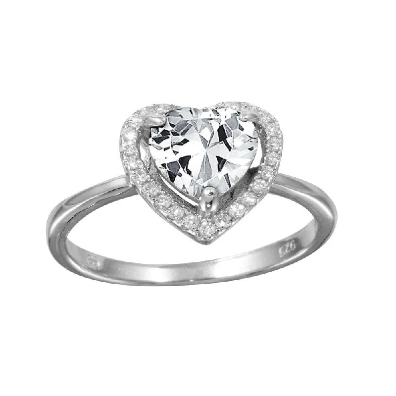 Ladies rings birthday surprises-Rhodium Plated 925 Sterling Silver Clear Halo Heart Ring - BGR01139CLR