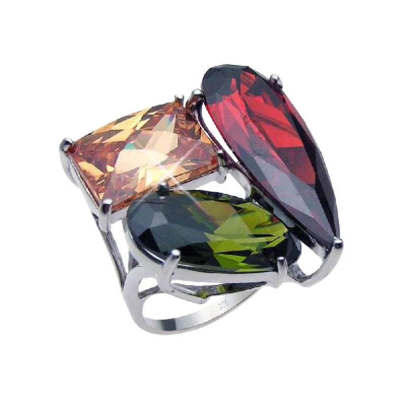 Ladies rings minimalist appeal-Clearance-Silver 925 Rhodium Plated Large Multi Colored CZ Shaped Ring - BGR00187