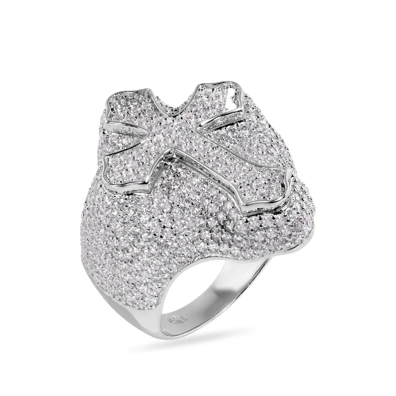 Ladies rings luxury picks-Rhodium Plated 925 Sterling Silver Cross Clear CZ Studded Top 30mm Ring - GMR00392