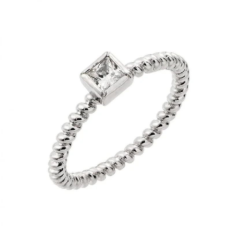 Ladies rings latest designs-Silver 925 Rhodium Plated Clear Square Center CZ Bead Ring - BGR00857