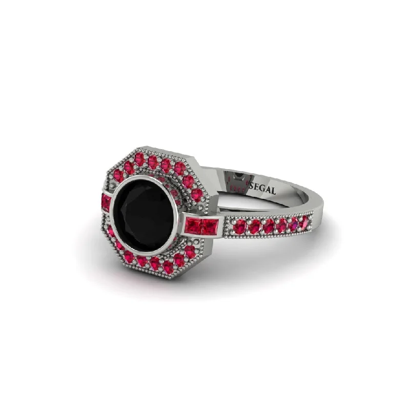 Ladies engagement rings bold accents-Ruby Octagon Halo Engagement Ring - Leia No. 54