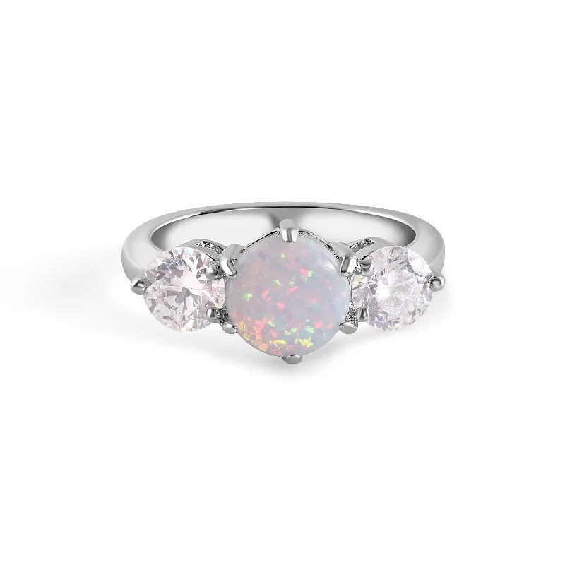 Ladies rings jade charms-Rhodium Plated 925 Sterling Silver Three Stone Trellis Syntethic Opal and Clear CZ Ring - BGR01012