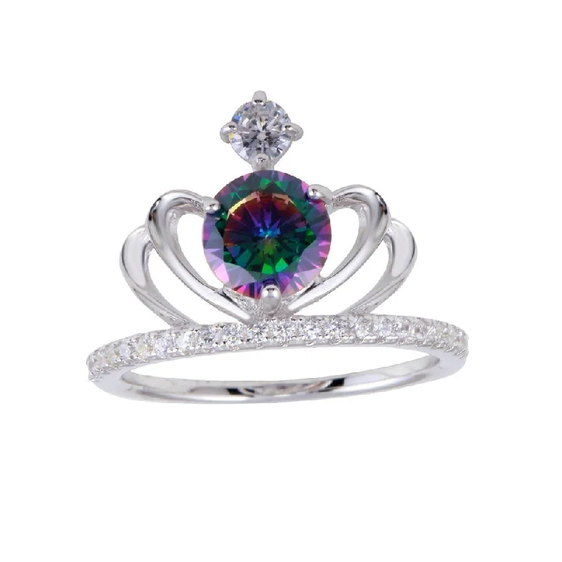 Ladies rings online shopping-Rhodium Plated 925 Sterling Silver Crown Synthetic Mystic Topaz CZ Ring - BGR01255