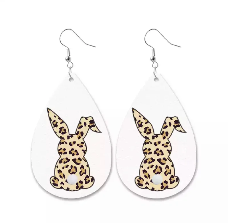 Ladies rings Valentine’s Day-Cute Leather Easter Earrings with Real Cotton Tail