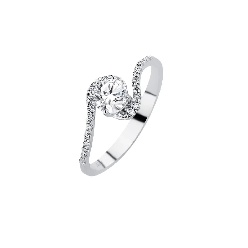 Ladies rings handmade crafts-Silver 925 Rhodium Plated Clear Pave Set Round Center CZ Twist Bridal Ring - BGR00619