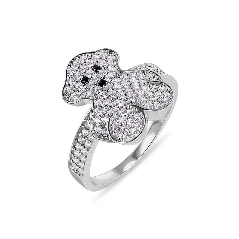 Ladies rings birthday surprises-Rhodium Plated 925 Sterling Silver Teddy Bear Clear CZ Studded 15.5mm Ring - GMR00407