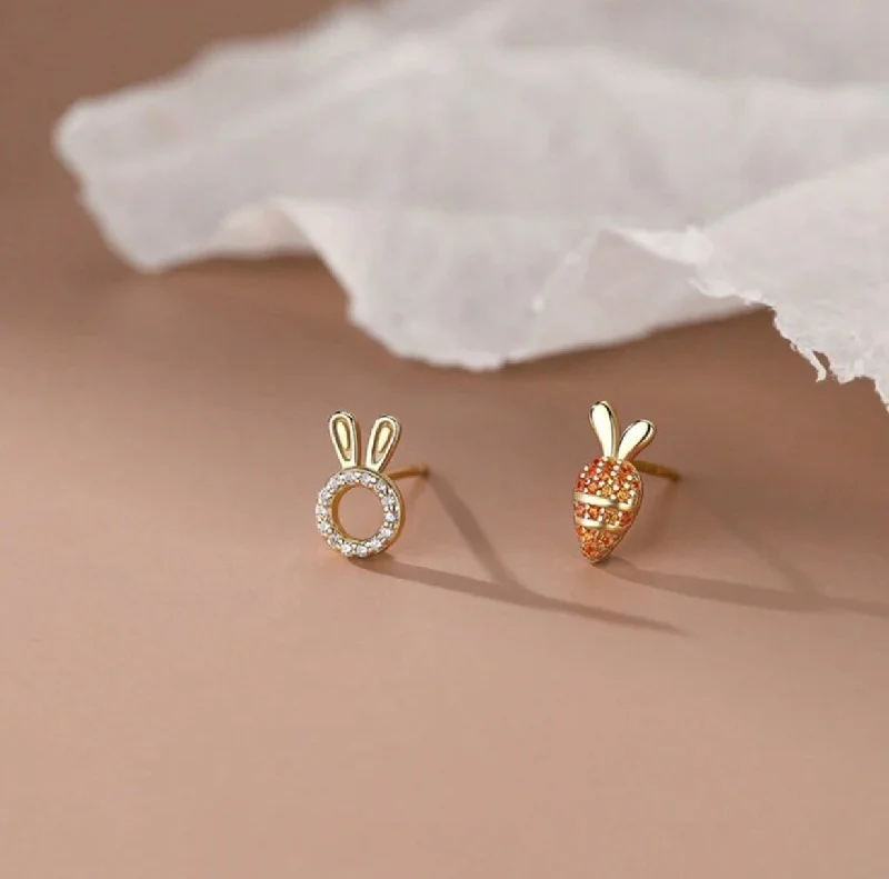 Ladies rings birthday surprises-Adorable Mismatched Bunny and Carrot Stud Earrings