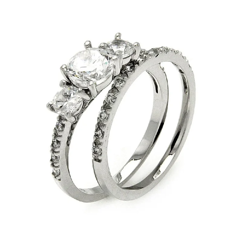 Ladies rings popular brands-Silver 925 Rhodium Plated 3 Stone Set Round CZ Bridal Ring Set - BGR00461