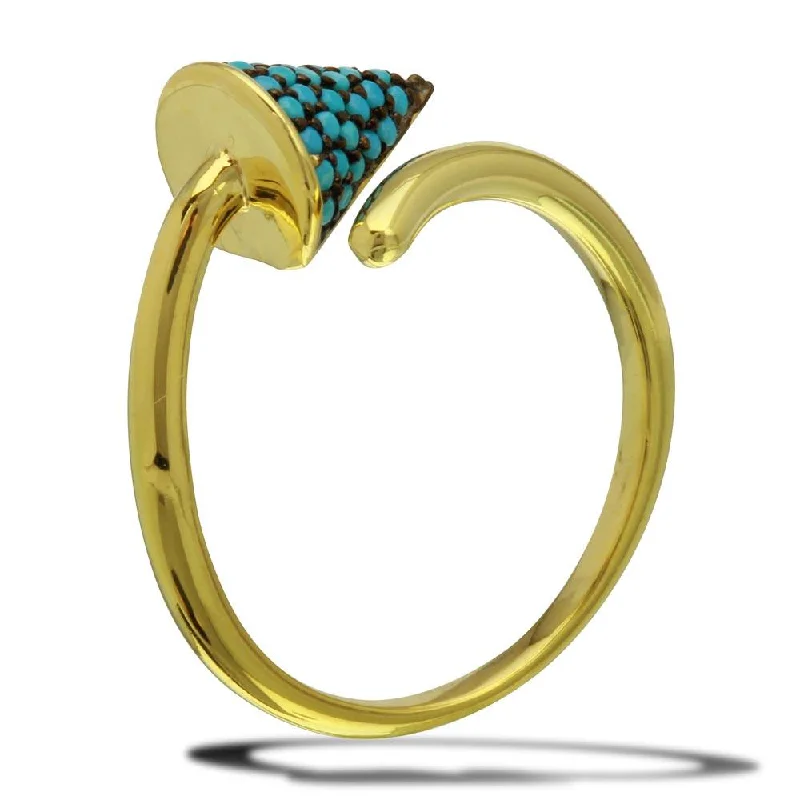 Ladies rings pearl accents-Gold Plated 925 Sterling Silver Open End Cone Ring with Turquoise Beads - BGR01114