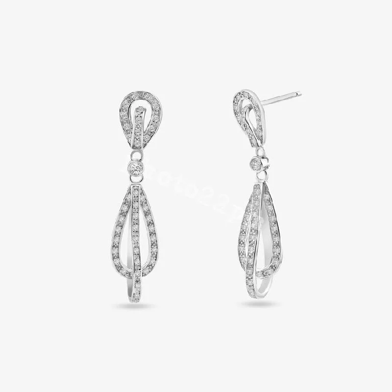 Ladies rings luxury picks-Clearance-Silver Rhodium 925 Plated Micro Pave Clear Open Teardrop CZ Dangling Earrings - ACE00016CLR