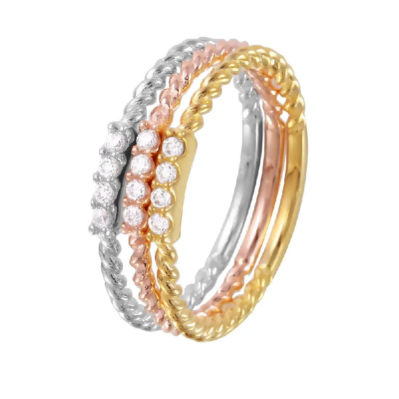 Ladies rings limited editions-Silver 925 Rhodium Plated Tri-Color Textured Stackable  CZ Inlay Ring - GMR00079TRI