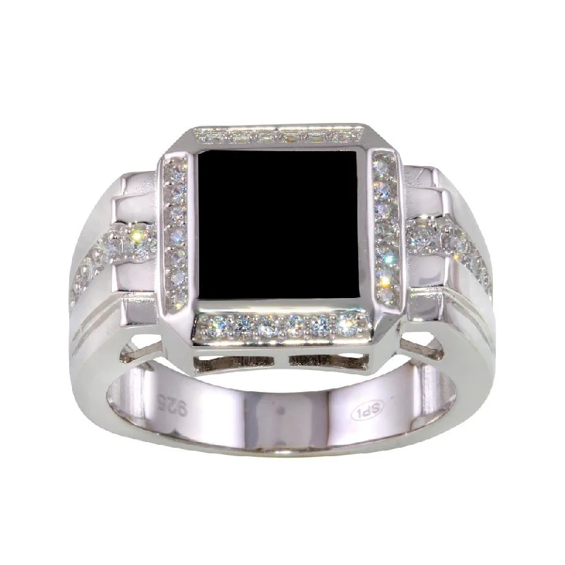 Ladies rings jade charms-Rhodium Plated 925 Sterling Silver Square Ring with CZ - GMR00253