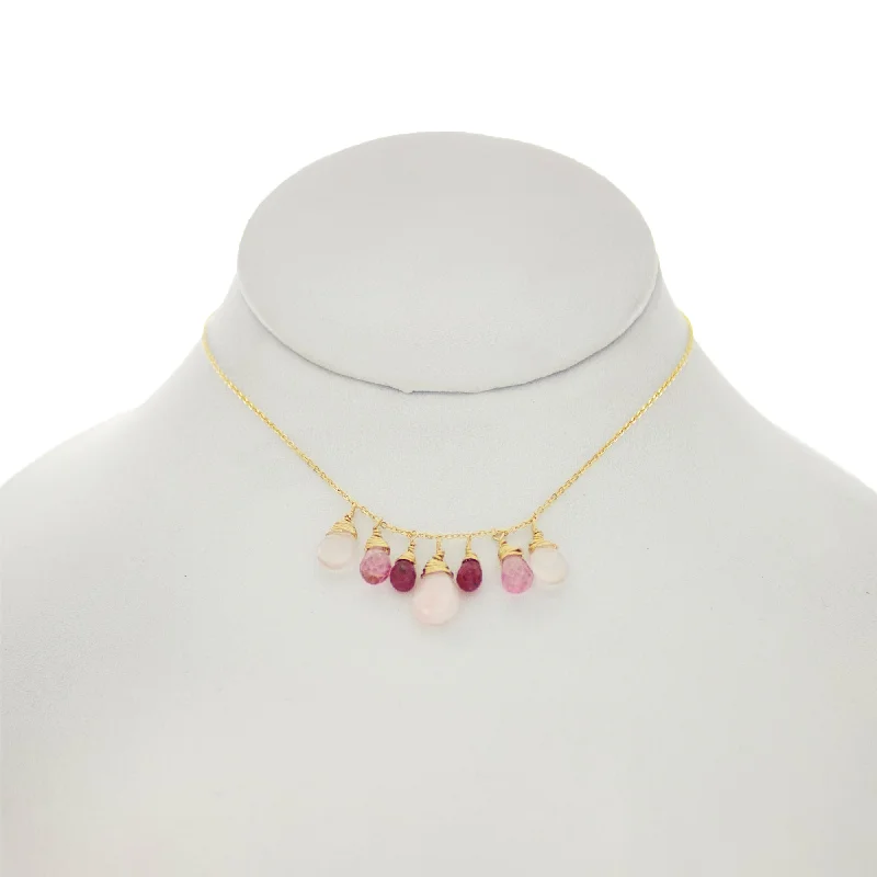 Rose Pompadour - Rubies, Pink Topaz, Rose Quartz Drops Dangle Necklace