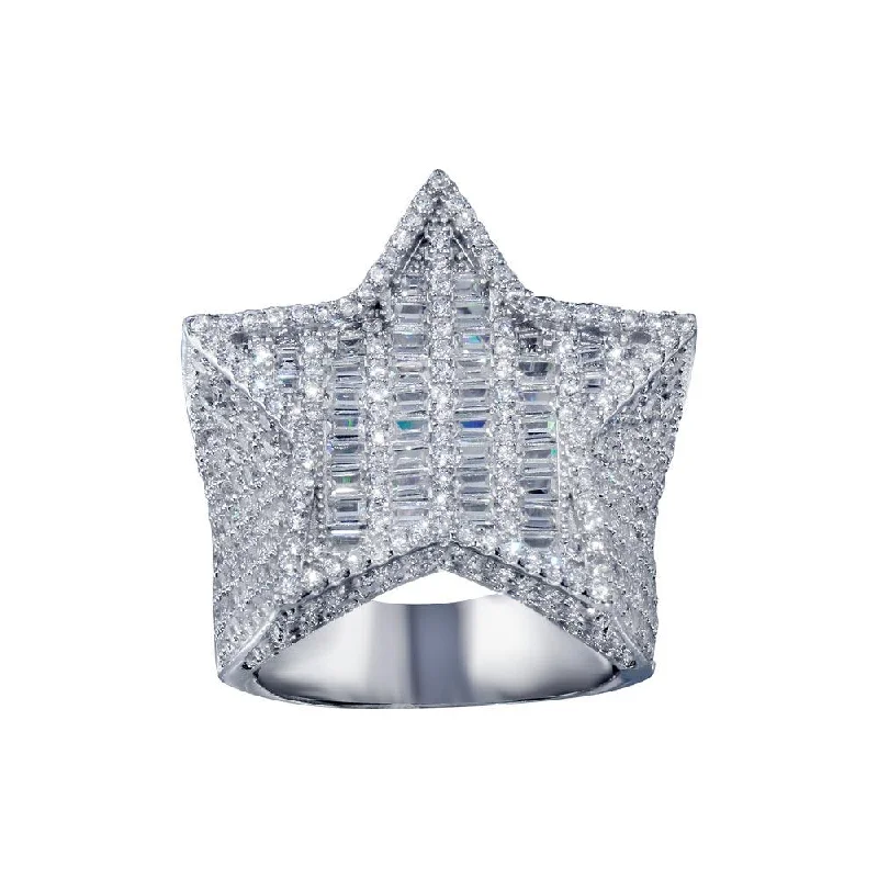 Ladies rings youthful charm-Rhodium Plated 925 Sterling Silver CZ Encrusted Star Ring  - SLR00002