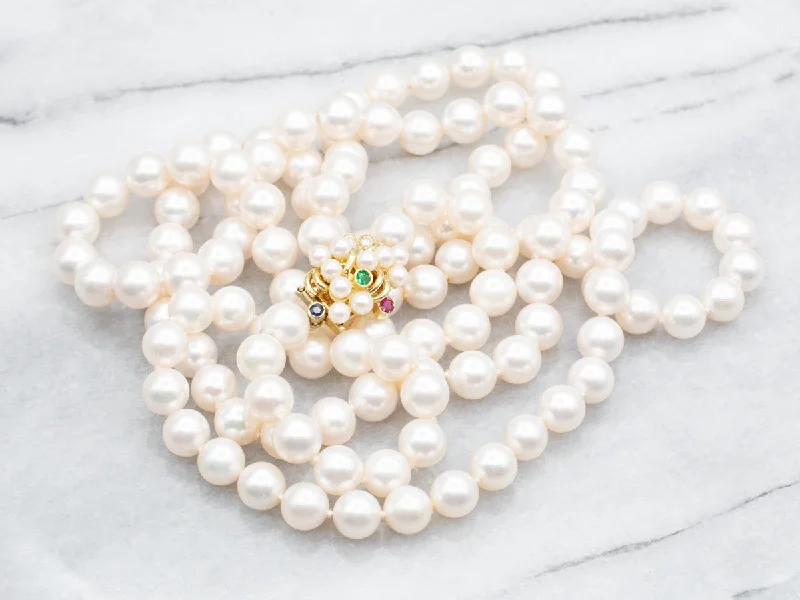 Long Saltwater Pearl Necklace with Multi Gem Clasp