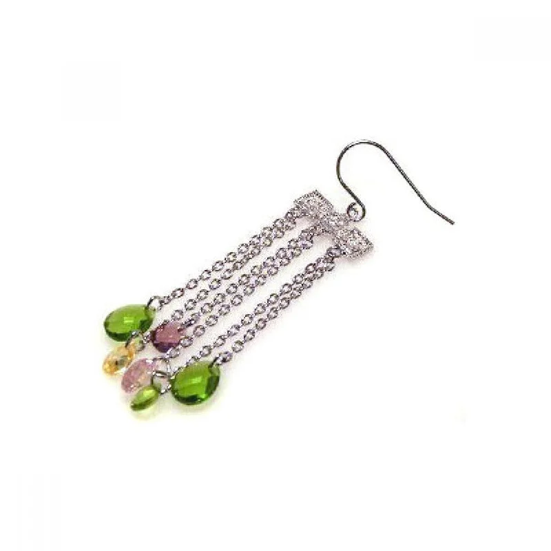 Ladies rings age suitability-Clearance-Silver 925 Rhodium Plated Multicolor CZ Wire Dangling Hook Earrings - STE00142