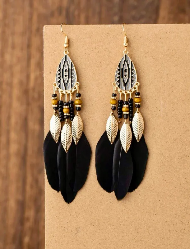 Ladies rings birthday surprises-Black Feather Tassel Earrings