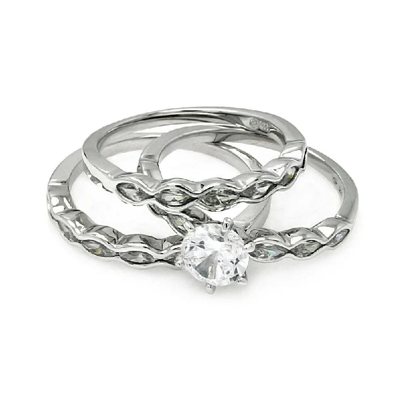 Ladies rings global brands-Silver 925 Rhodium Plated Clear Round Center CZ Bridal Ring Set - BGR00507