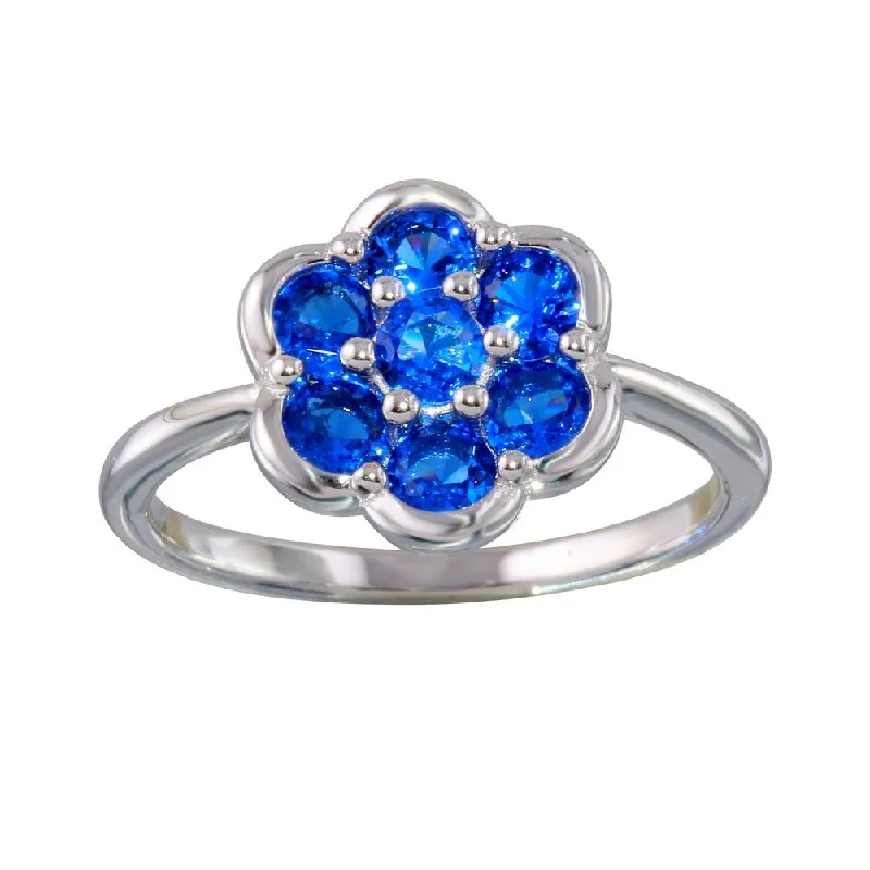 Ladies rings holiday gifts-Rhodium Plated 925 Sterling Silver Blue CZ Flower Ring - BGR01152BLU