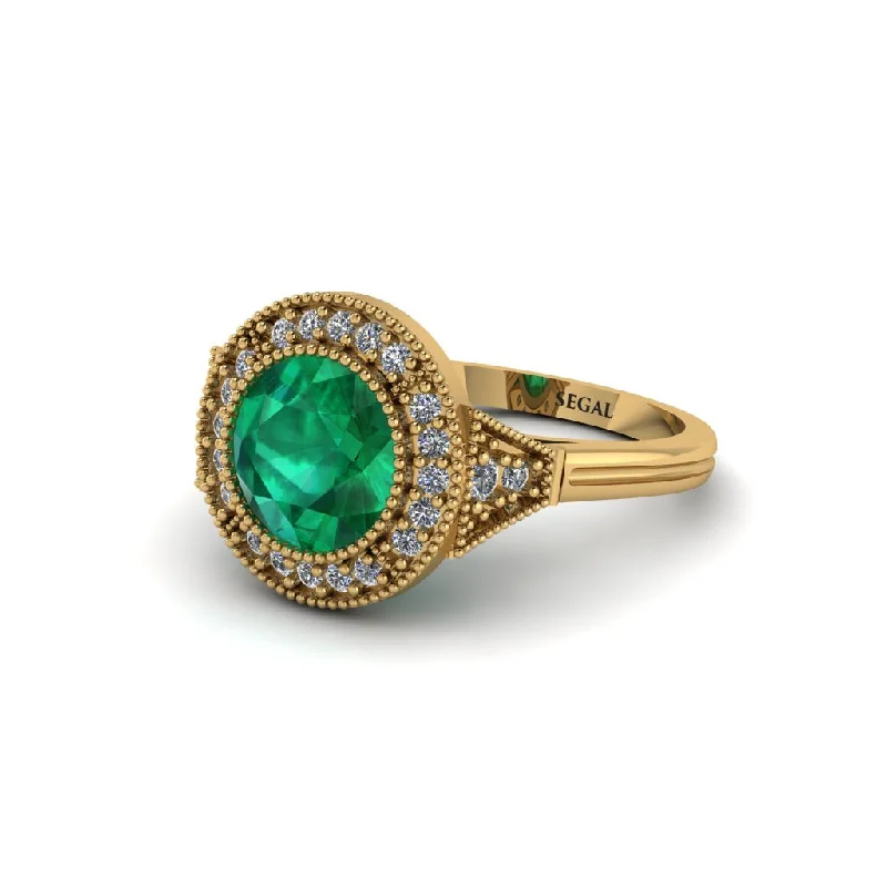 Ladies engagement rings proposal gifts-Round Cut Emerald Milgrain Halo Engagement Ring - Maggie No. 4