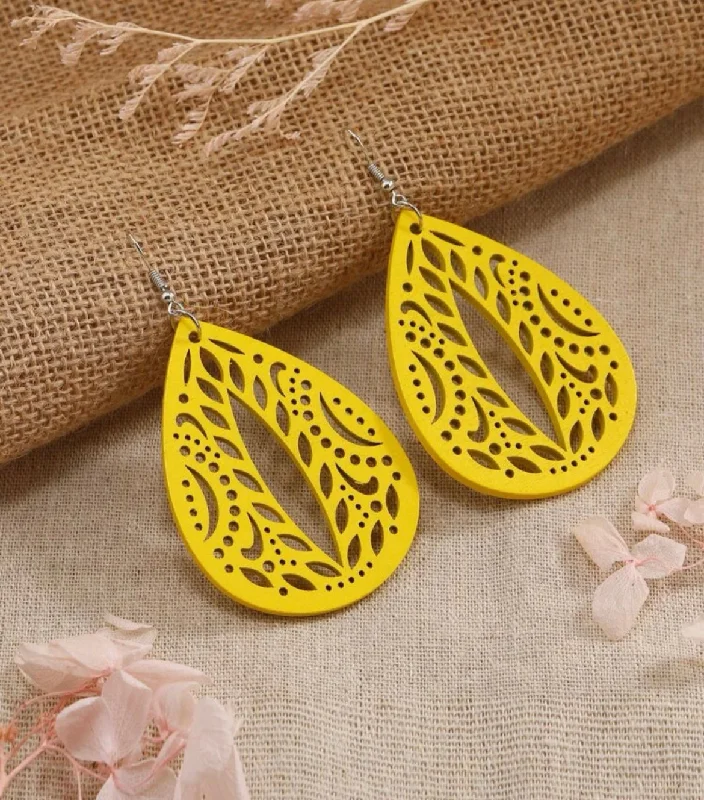 Ladies rings handmade crafts-Yellow Hollowed Out Drop Earrings