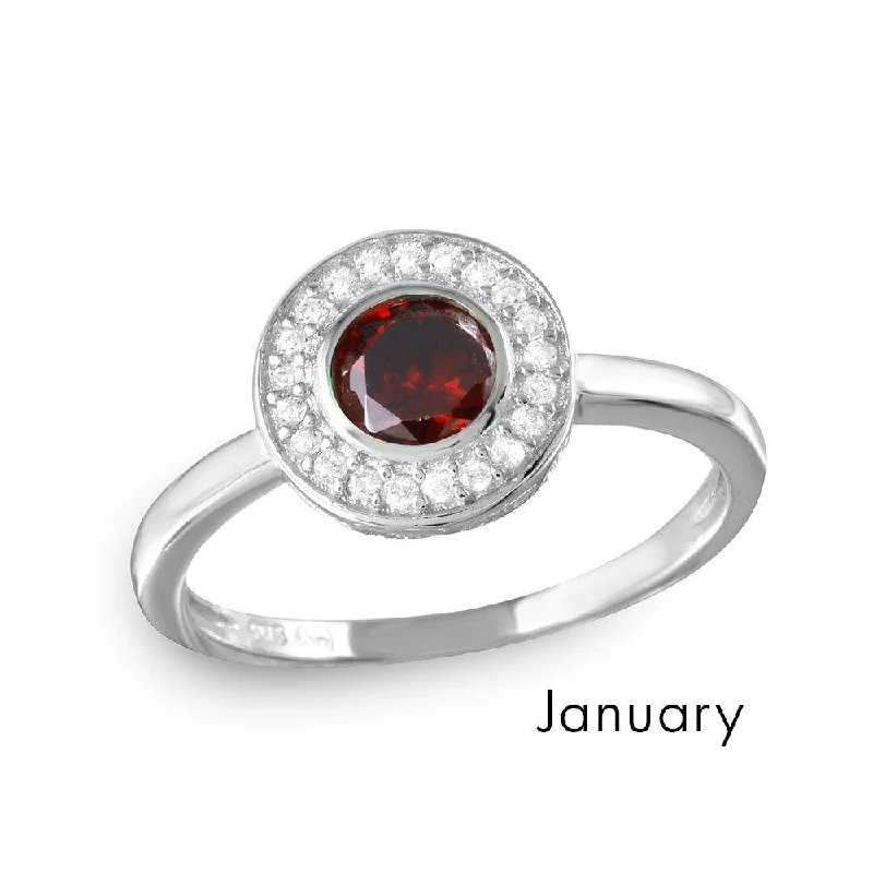 Ladies rings jade charms-January Sterling Silver 925 Rhodium Plated CZ Center Birthstone Halo Ring - BGR01082JAN