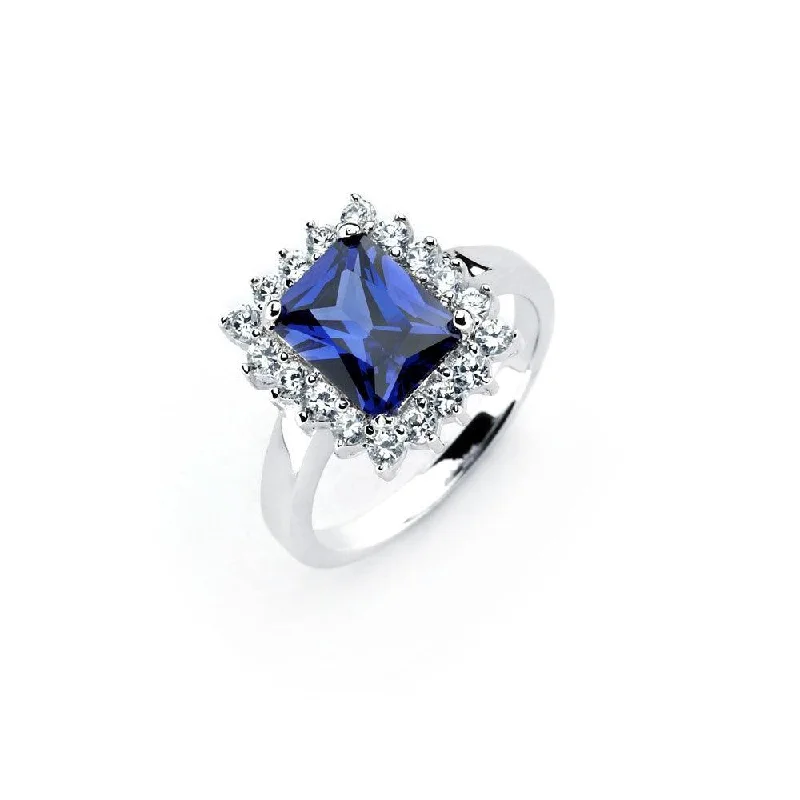 Ladies rings hypoallergenic-Silver 925 Rhodium Plated Rectangular Blue Center and Clear Cluster CZ Ring - BGR00745