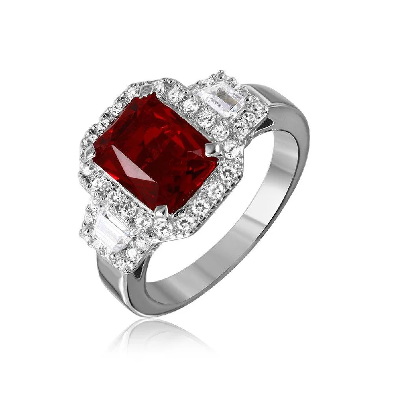 Ladies rings star accents-Silver 925 Rhodium Plated Red Emerald Cut Center CZ Stone Ring - GMR00101R